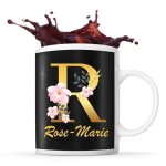Mug rose - marie tasse pr�nom femme fond noir avec lettre fleur id�e cadeau pour anniversaire no�l et ...