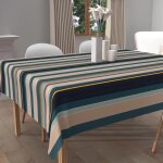 Nappe imprim�e anti - t�ches carr�e 180x180 cm bayaderes bleu, par soleil d'ocre