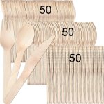 Needfulon 150 pices ensemble de couverts jetables en bois ecologiques biodgradables et compostables, ...