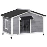 Niche chien style cottage - 2 fen�tres, porte, toit ouvrant bitum� - bois sapin gris