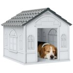 Niche chien style cottage dim. 65l x 75l x 63h cm - motifs fen�tres, porte, a�ration - pp blanc gris