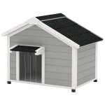 Niche chien sur pied design cottage - toit bitum ouvrant, 2 portes, rideau a lanires - bois blanc gris ...