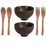 Nouveaux bols de noix de coco avec des cuillères, fourchettes, smoothie, bols a salade, faits a la main ... Nouveaux bols de noix de coco avec des cuillères, fourchettes, smoothie, bols a salade, faits a la main ...