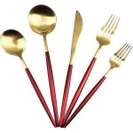 Nouveau ensemble d'argenterie or mat a poign�e rouge, 5 pi�ces 18 / 10 ensemble de couverts en acier ...