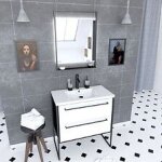 Pack meuble de salle de bain 80x50 cm noir mat - 2 tiroirs blanc - vasque blanche + miroir led