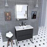 Pack meuble de salle de bain 80x50 cm noir mat - 2 tiroirs noir mat - vasque blanche + miroir led