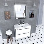 Pack meuble de salle de bain 80x50cm blanc - 2 tiroirs - vasque blanche et miroir noir mat Pack meuble de salle de bain 80x50cm blanc - 2 tiroirs - vasque blanche et miroir noir mat