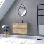Pack meuble sdb 80cm suspendu 2 tiroirs chene vasque noire + miroir barber - timber 80 pack34