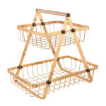 Panier a fruits et l�gumes 2 etages inoxydable avec poign�e en bois cheffinger dor�e