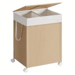 Panier � linge 2 compartiments, corbeille 100 l, trieur sur roulettes, couvercle, imitation osier