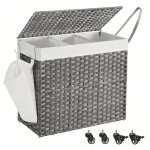 Panier  linge avec couvercle, 160l, corbeille linge sale tress, avec roulettes, 3 compartiments, 70 ...