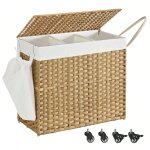 Panier  linge avec couvercle, 160l, corbeille linge sale tress, avec roulettes, 70 x 36 x 66 cm, couleur ...