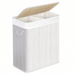 Panier à linge avec couvercle, corbeille à linge en bambou, 2 compartiments de tri, sac amovible Panier à linge avec couvercle, corbeille à linge en bambou, 2 compartiments de tri, sac amovible