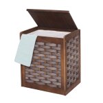 Panier � linge hwc - g37, collecteur de linge, bois massif, aspect shabby, tresse 61x51x35cm brun