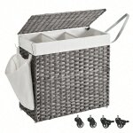 Panier � linge tiss� � la main, 140l, imitation rotin, 3 parties, sac amovible, couvercle, poign�es
