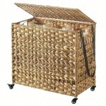 Panier � linge tiss� � la main, corbeille � linge imitation rotin, mobile, 3 compartiments de tri