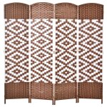 Paravent intérieur 4 panneaux pliables bois tressé osier marron blanc Paravent intérieur 4 panneaux pliables bois tressé osier marron blanc