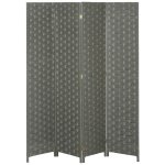 Paravent int�rieur 4 panneaux pliables s�parateur de pi�ce bois de pin fibres de papier tress� gris