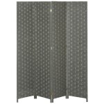 Paravent int�rieur 4 panneaux pliables s�parateur de pi�ce bois de pin fibres de papier tress� gris