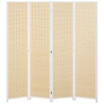 Paravent int�rieur s�parateur de pi�ce pliable 4 panneaux dim. 180l x 180h cm bois pin bambou coton blanc ...