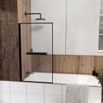 Pare baignoire rabattable 75x130 cm en verre trempé - porte - serviette et etagère noir mat Pare baignoire rabattable 75x130 cm en verre trempé - porte - serviette et etagère noir mat
