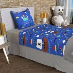 Parure de draps 180x290 cm pirates bleu, 100% coton 57 fils / cm2, par soleil d'ocre Parure de draps 180x290 cm pirates bleu, 100% coton 57 fils / cm2, par soleil d'ocre