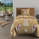 Parure housse de couette 140x200 cm licornes jaune, 100% coton 57 fils / cm2, par soleil d'ocre Parure housse de couette 140x200 cm licornes jaune, 100% coton 57 fils / cm2, par soleil d'ocre