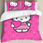 Parure de lit 3 pieces en coton avec housse de couette et coeur rose hello cat kitty - motif dessin anime ...