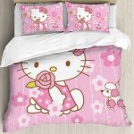 Parure de lit 3 pieces pour fille, motif hello cat kitty rose, housse de couette pour enfant, motif fleurs ...