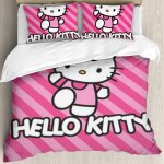 Parure de lit 3 pieces hello cat kitty, housse de couette rose kawaii pour lit double, queen, king size, ...
