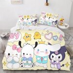 Parure de lit 3 pieces motif carlin hello kitty, housse de couette, parure de lit king size pour enfant, ...