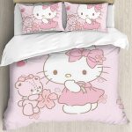 Parure de lit 3 pieces motif chats mignons, motif dessin anime, pour lit queen size, motif hello cat ...