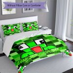 Parure de lit 3 pieces motif grenouille - housse de couette a carreaux verts, 2 taies d'oreiller avec ...