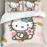 Parure de lit 3 pieces motif hello cat kitty, motif chat et fleur rose, motif dessin anime, avec 2 taies ...