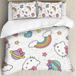 Parure de lit 3 pieces motif hello cat kitty, housse de couette et 2 taies d'oreiller, 228 x 200 cm, ...