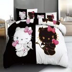 Parure de lit 3 pieces sanrio hello kitty en noir et blanc avec des touches de rose - housse de couette ...
