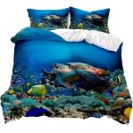 Parure de lit pour animaux marins, x cm, bleu sous - marin, motif tortue, poisson, corail, impression ...