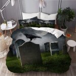 Parure de lit, cimeti��re avec de vieilles pierres tombales lune et corbeau noir, housse de couette x ...