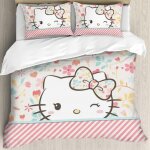 Parure de lit compl�te en coton wink hello cat kitty, housse de couette queen pour filles et femmes, ...