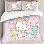 Parure de lit hello cat kitty 3 pieces, rose, pleine grandeur, imprim�e en 3d, motif hello cat kitty ...