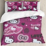 Parure de lit hello cat kitty pour filles ¿ housse de couette r�versible imprim�e avec noeud papillon ...