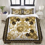 Parure de lit avec housse de couette en microfibre, design carr�� baroque dor�� avec t��te de lion, sets ...