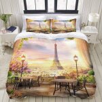 Parure de lit avec housse de couette en microfibre, french dreamlike paris tour eiffel fleurs vue ville ...