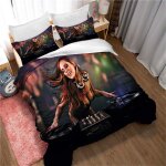 Parure de lit avec housse de couette et taies d'oreiller assorties, motif dj musical, en polycoton teint� ...