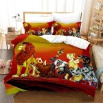 Parure de lit avec housse de couette et taie d'oreiller motif roi lion simba