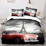 Parure de lit avec housse de couette et taie d'oreiller, motif voiture de sport et tour eiffel, impression ...