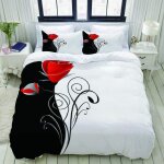 Parure de lit, illustration de fond floral beaut�� noir et blanc avec un bouquet de roses rouges, housse ...