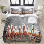 Parure de lit, illustration sept chevaux en cours d'ex��cution sur naturel, housse de couette x + taies ...