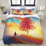 Parure de lit, paysage d'automne avec un arbre seul sur la montagne, concept de retour �� la maison, ...