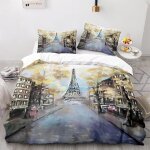 Parure de lit avec paysage de la tour eiffel, peinture artistique, housse de couette confortable, taie ...